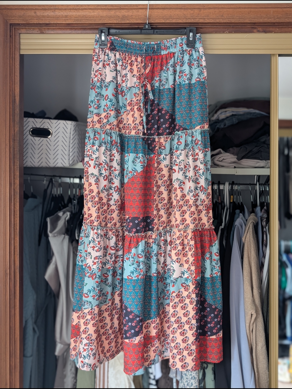 Patchwork Floral Tiered Maxi Skirt in Coral, Teal & Navy